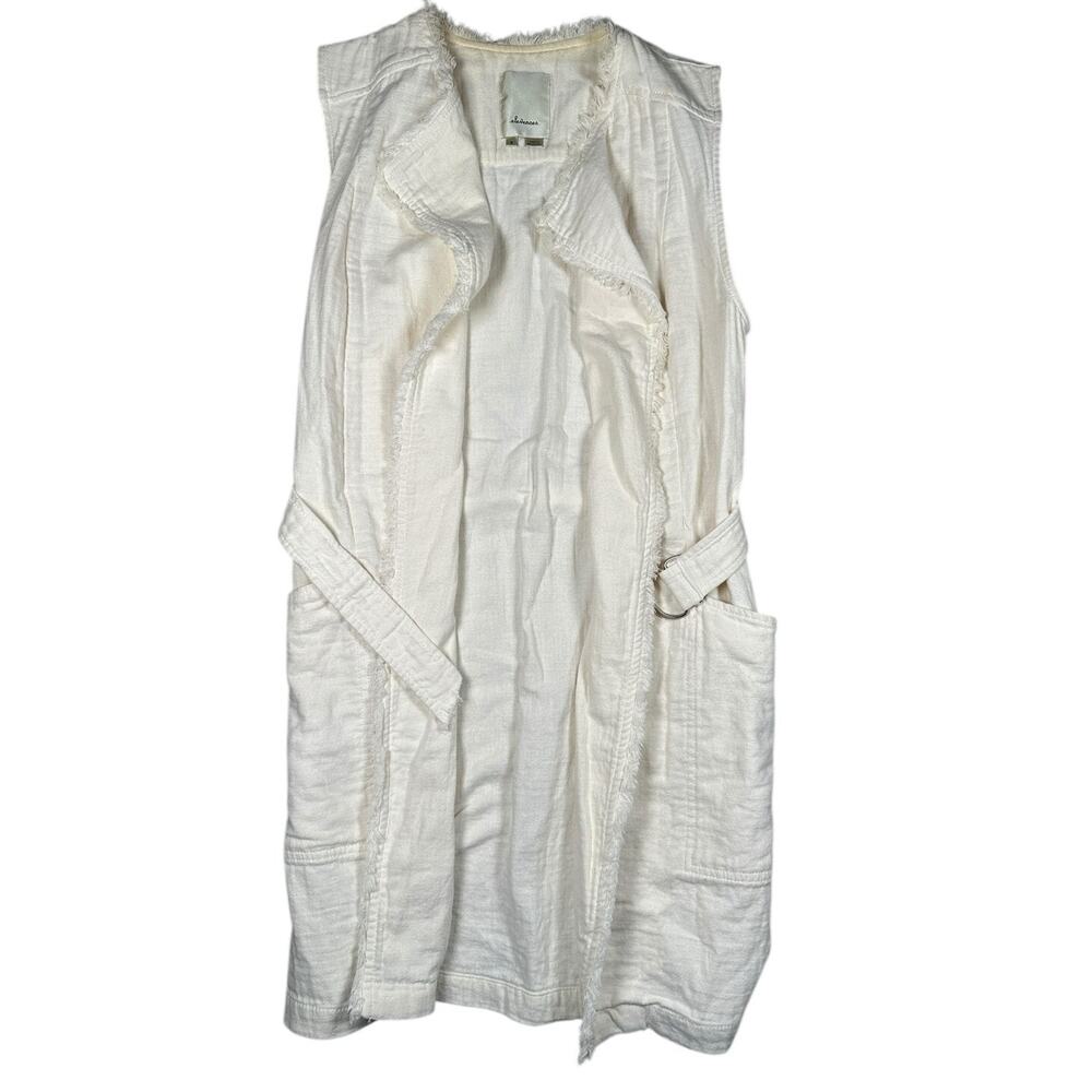 Anthropologie Elevenses Luna Belted Vest S White Linen Blend Frayed Raw Edge